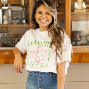 White Graphic Tee with Green and Pink Print cowgirl  cocktail club